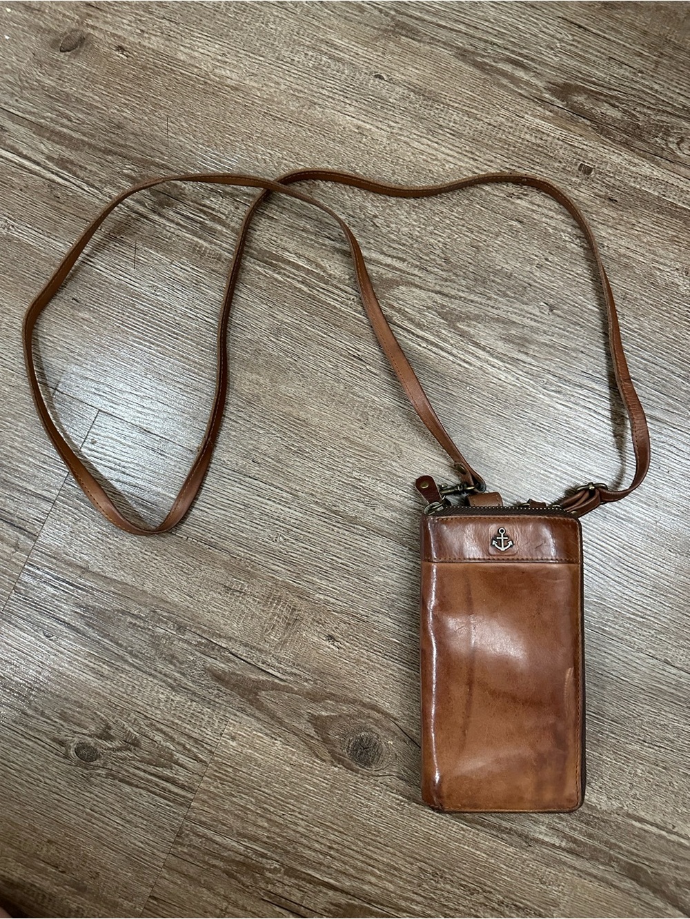 Leather Crossbody Phone Pouch with Anchor Accent - Brown